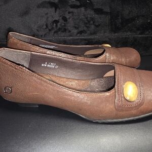Born Brown Leather Flats with Gold Button
